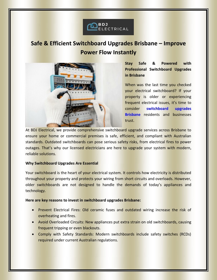 safe efficient switchboard upgrades brisbane n.w