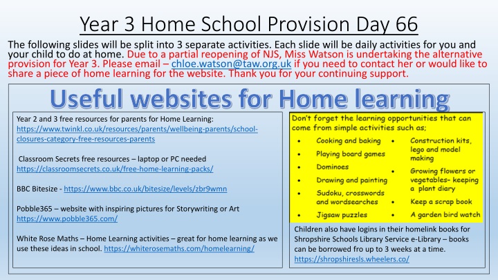year 3 home school provision day 66 the following n.w