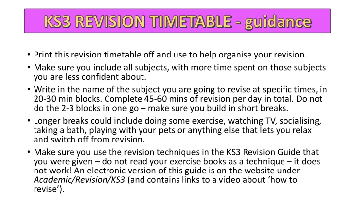 ks3 revision timetable guidance n.w
