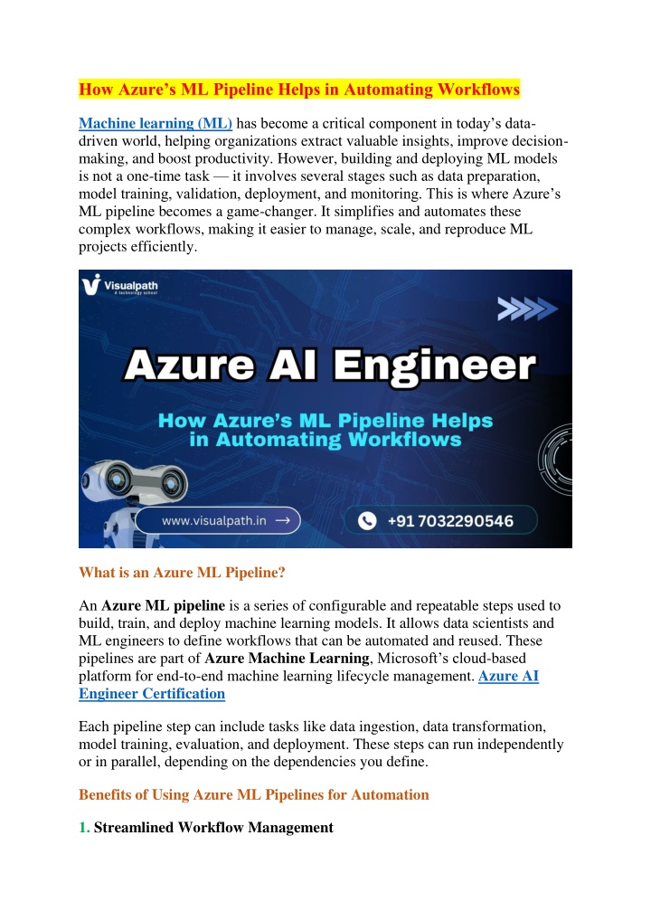 how azure s ml pipeline helps in automating n.w