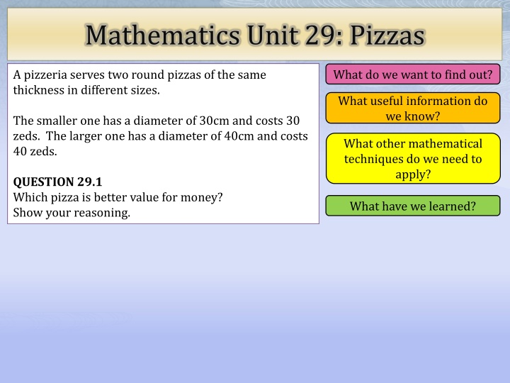 mathematics unit 29 pizzas n.w