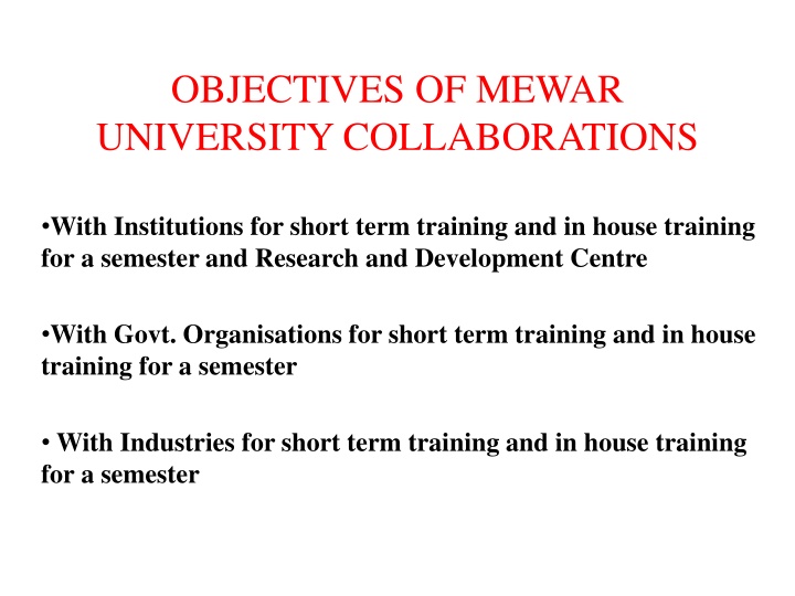 objectives of mewar university collaborations n.w