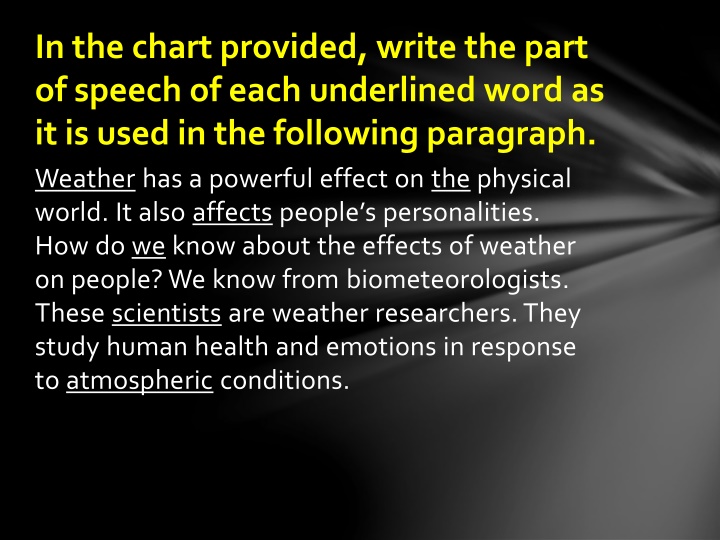 in the chart provided write the part of speech n.w
