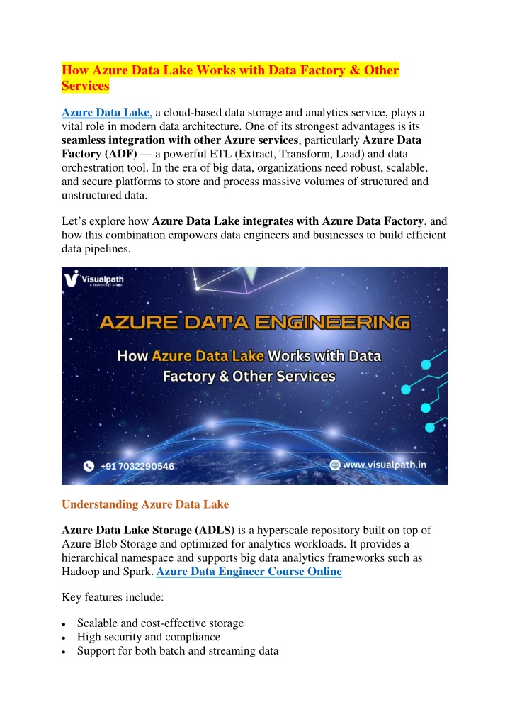 how azure data lake works with data factory other n.w