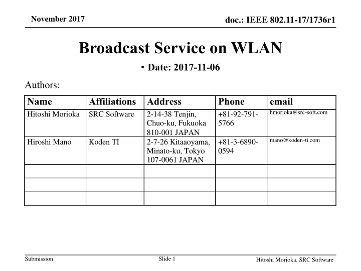 Proposal for WLAN Broadcast Service in November 2017