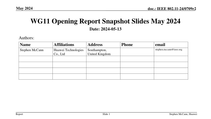 IEEE 802.11-24/0709r2 WG11 Opening Report Snapshot Slides May 2024
