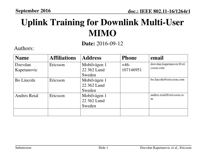 september 2016 uplink training for downlink multi n.w
