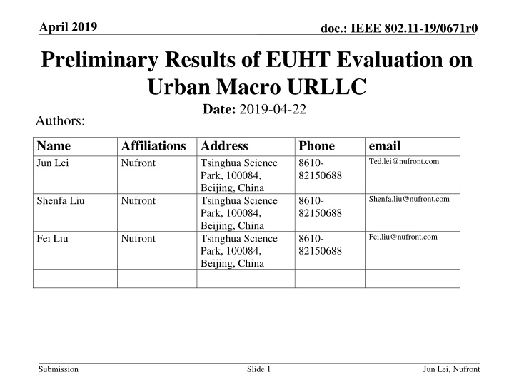 april 2019 preliminary results of euht evaluation n.w