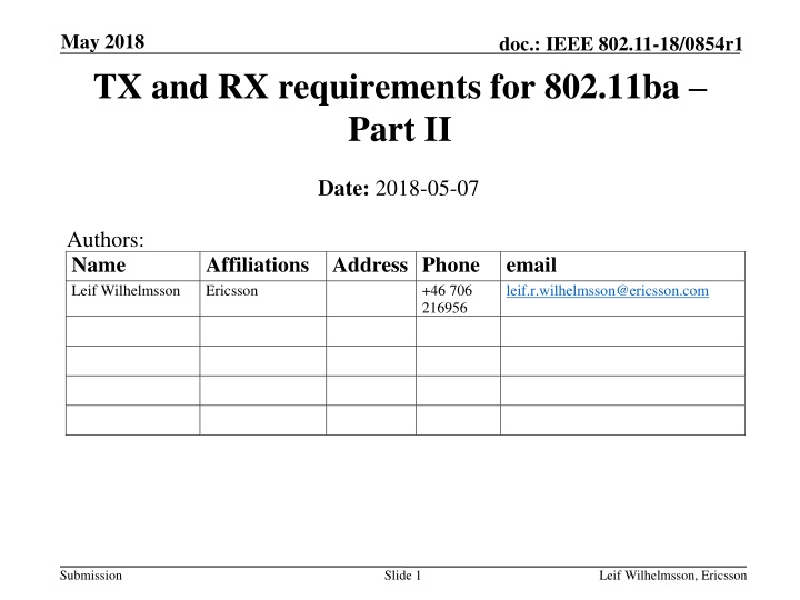may 2018 tx and rx requirements for 802 11ba part n.w