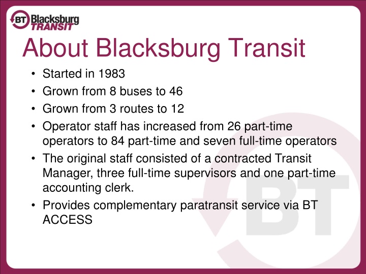 about blacksburg transit started in 1983 grown n.w