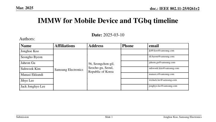 IEEE 802.11-25/0261r2 IMMW for Mobile Device and TGbq Timeline