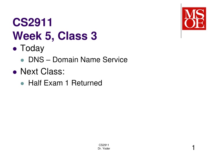 cs2911 week 5 class 3 today dns domain name n.w