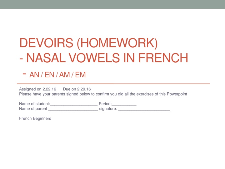 devoirs homework nasal vowels in french n.w