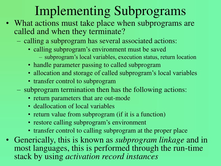 implementing subprograms what actions must take n.w