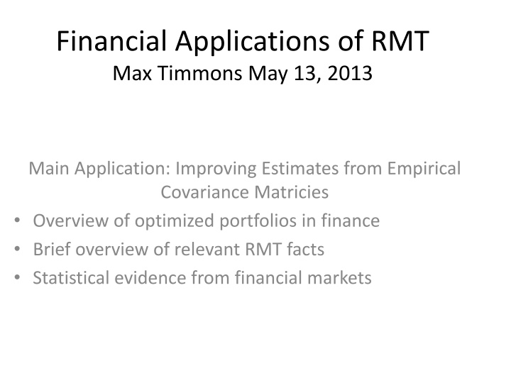financial applications of rmt max timmons n.w