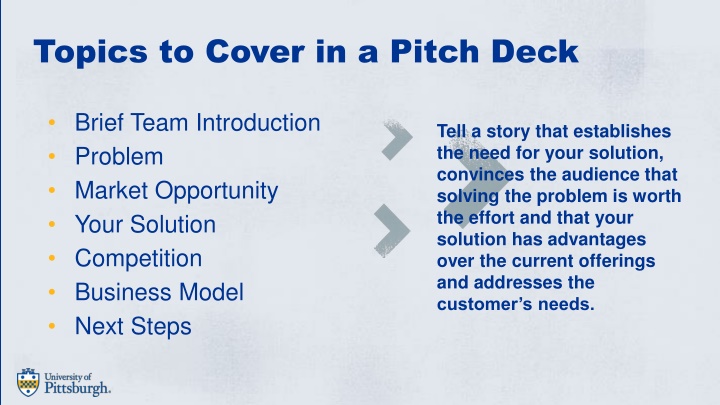 topics to cover in a pitch deck n.w