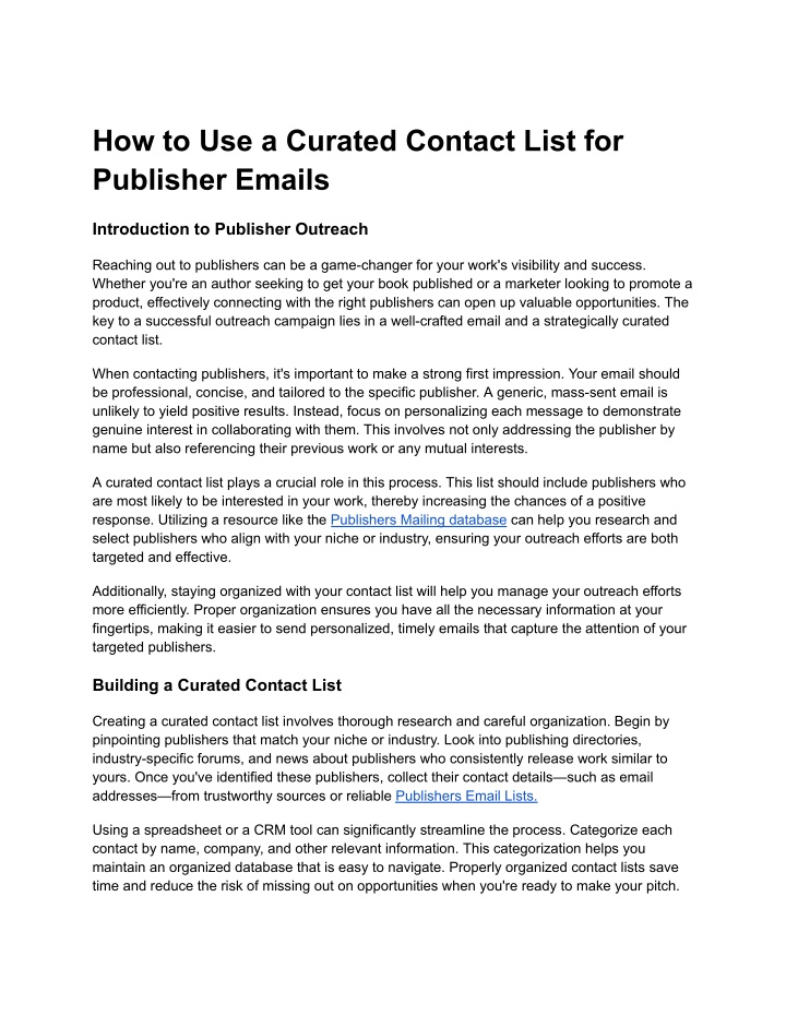how to use a curated contact list for publisher n.w