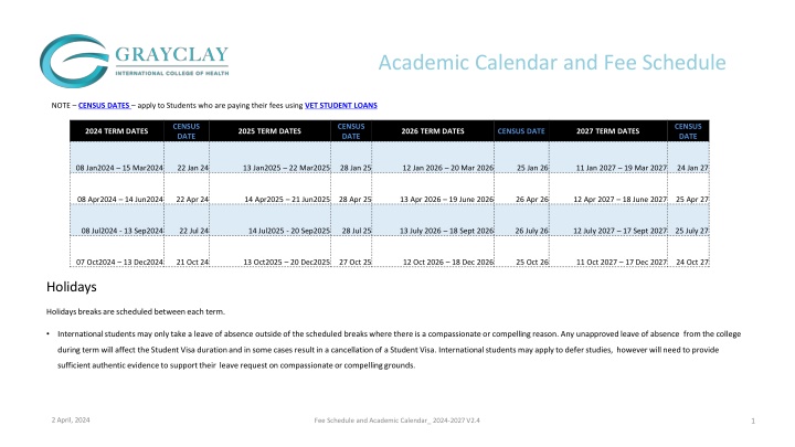 academic calendar and fee schedule n.w