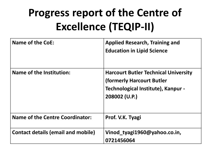 progress report of the centre of excellence teqip n.w
