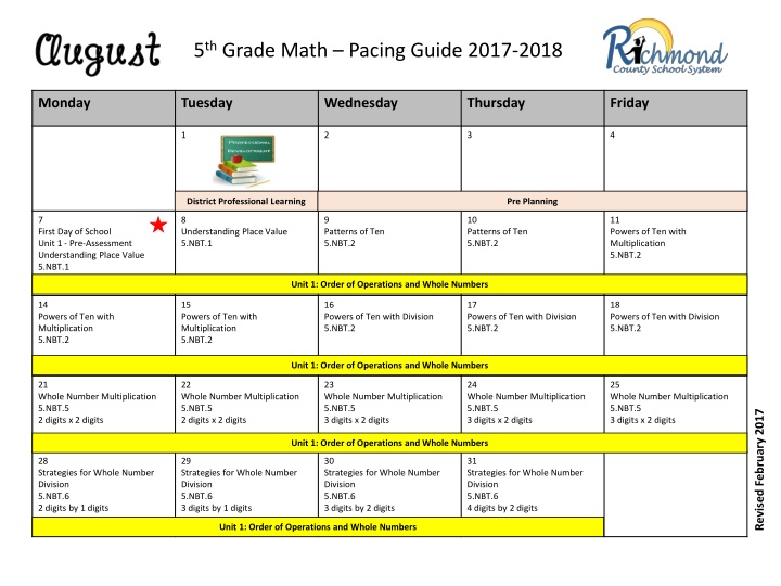 5 th grade math pacing guide 2017 2018 n.w