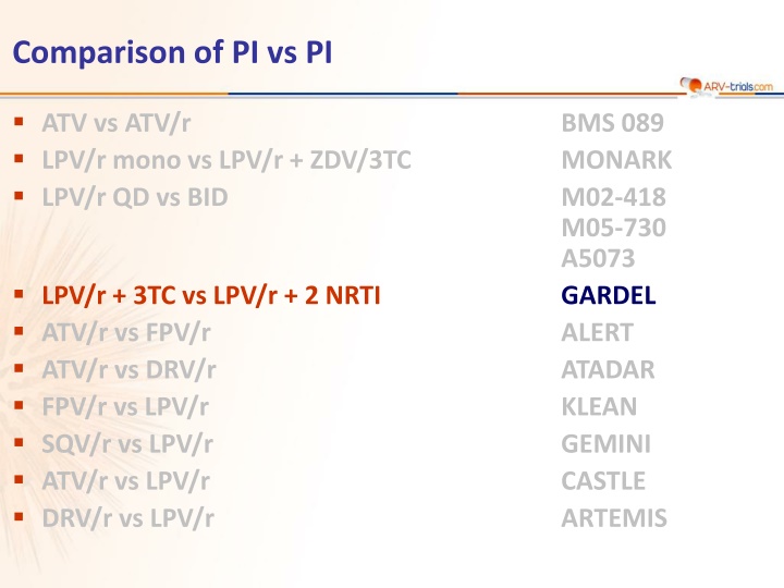 Comparison of PI vs. PI: ATV vs. ATV/r, LPV/r mono vs. LPV/r + ZDV/3TC