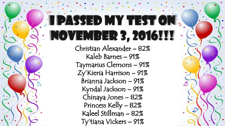 i passed my test on i passed my test on november n.w