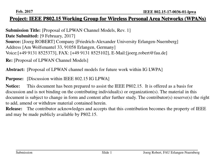 Proposal of LPWAN Channel Models for Future Work within IEEE 802.15