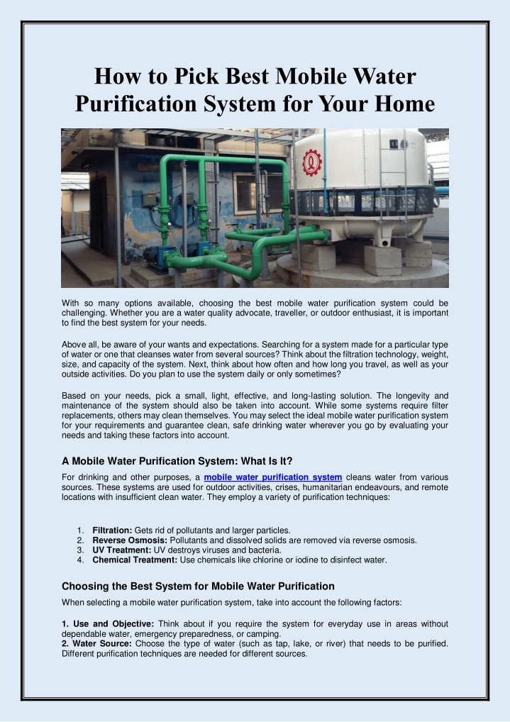 how to pick best mobile water purification system n.w
