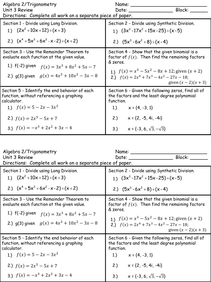 algebra 2 trigonometry unit 3 review directions n.w