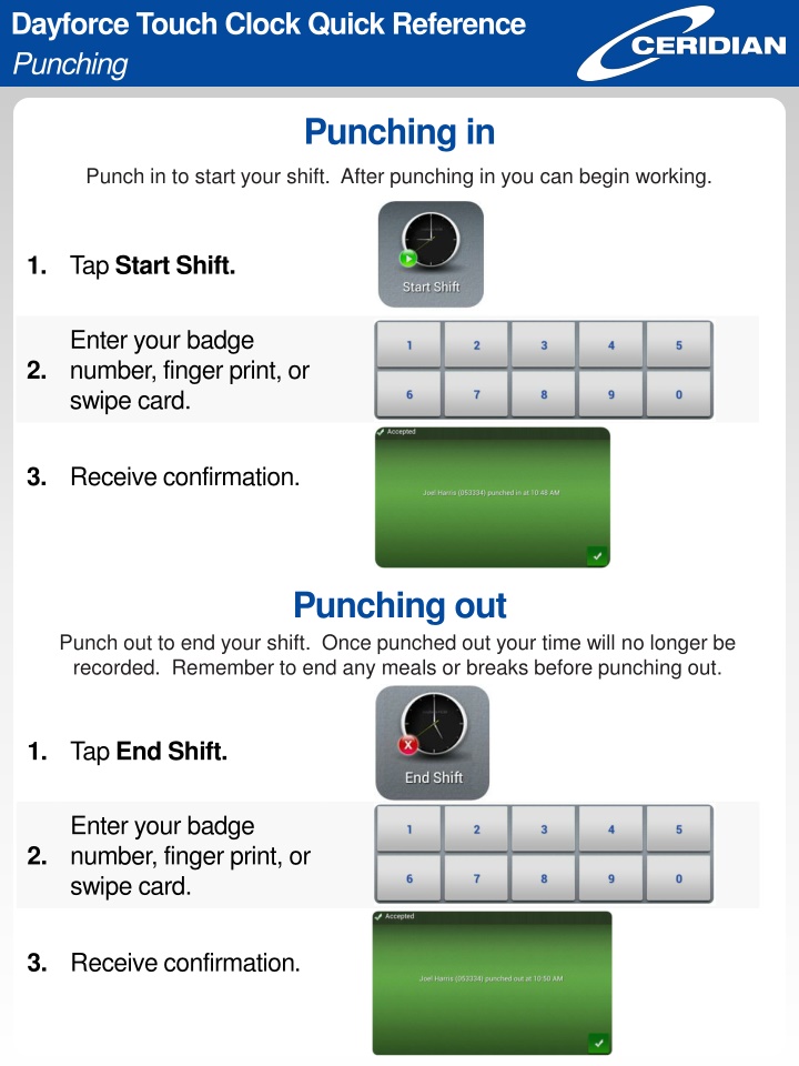 dayforce touch clock quick reference punching n.w