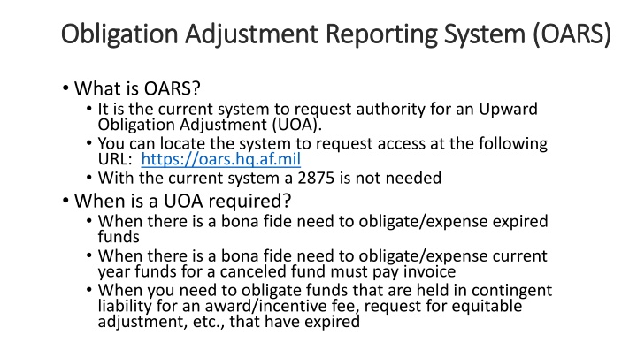 obligation adjustment reporting system oars n.w