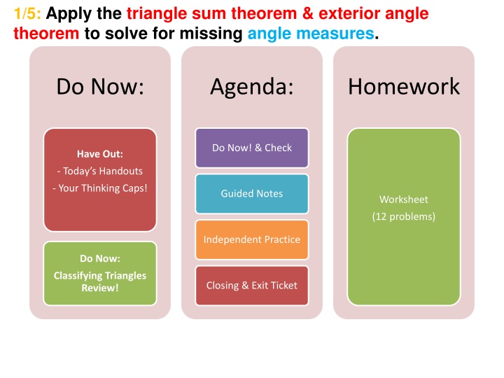 1 5 apply the triangle sum theorem exterior angle n.w