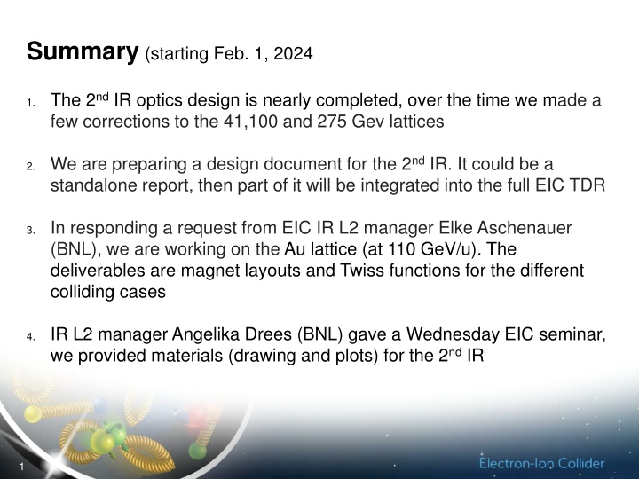 Progress Update on IR8 Optics Design at EIC Facility
