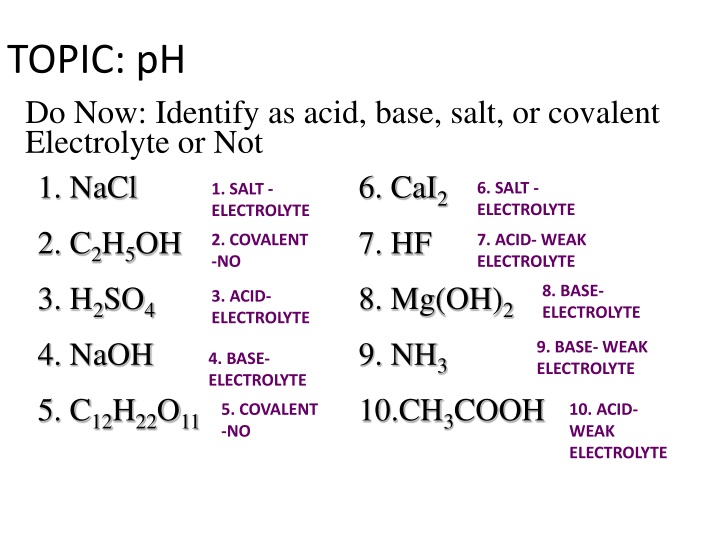 topic ph do now identify as acid base salt n.w