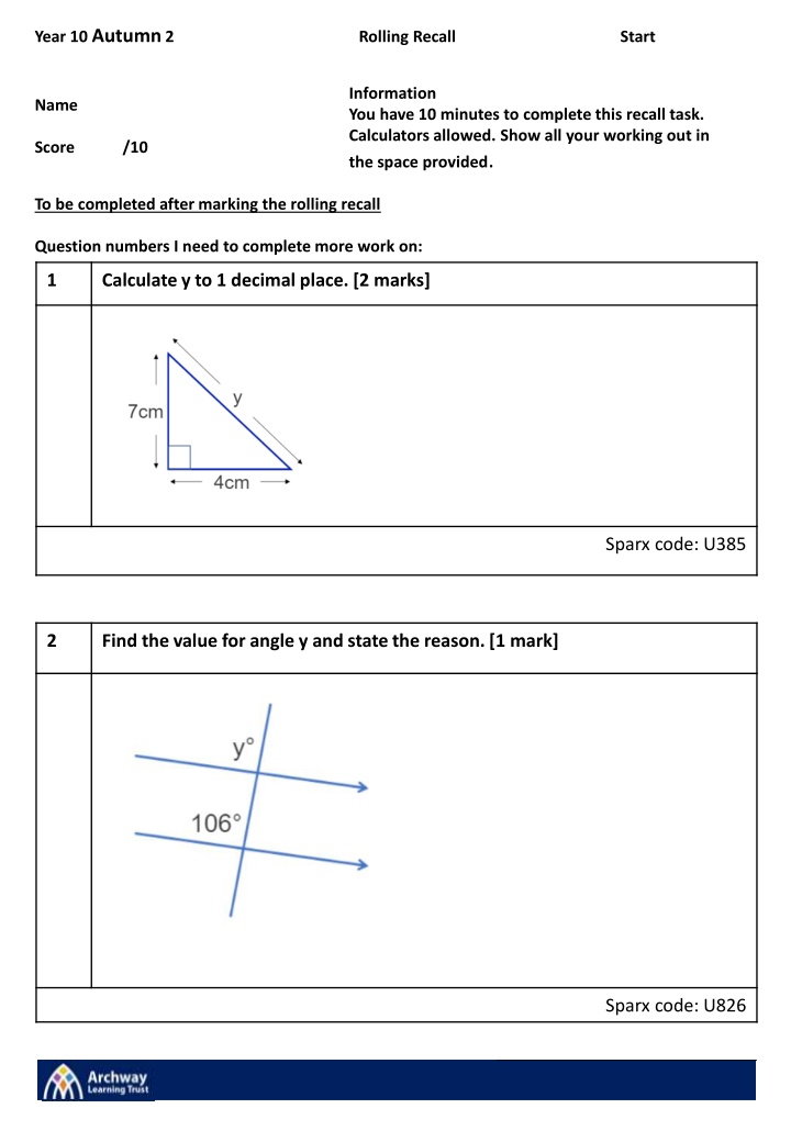 year 10 autumn 2 rolling recall start n.w