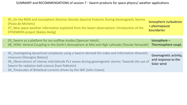 summary and recommendations of session 7 swarm n.w