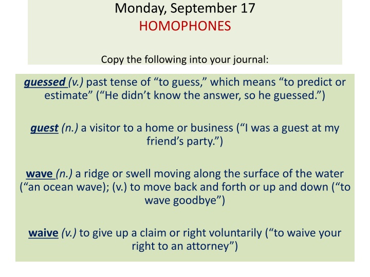 monday september 17 homophones n.w