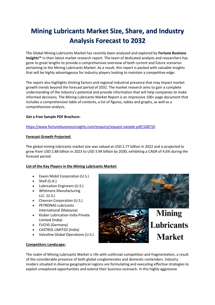 mining lubricants market size share and industry n.w