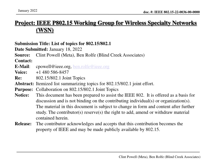 IEEE 802.15/802.1 Joint Topics List