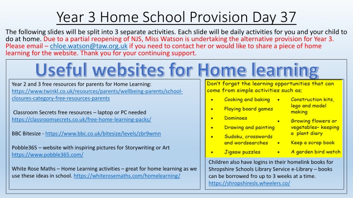 Year 3 Home School Provision Day 37 Activities