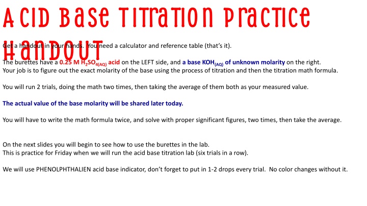 acid base titration practice handout the burettes n.w