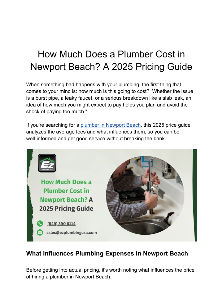 how much does a plumber cost in newport beach n.w