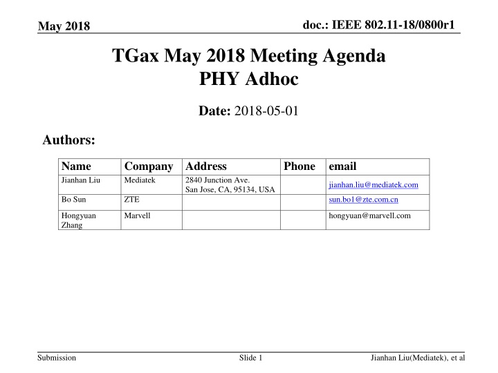 IEEE 802.11-18/0800r1 Meeting Agenda May 2018