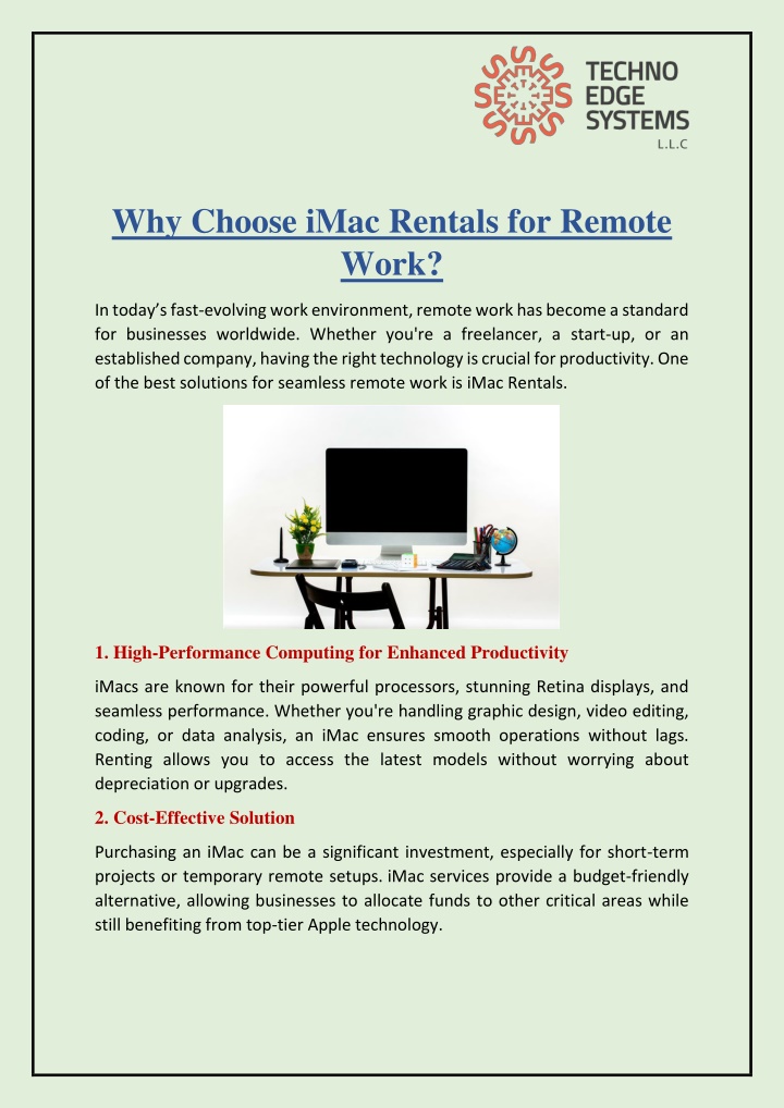why choose imac rentals for remote work n.w