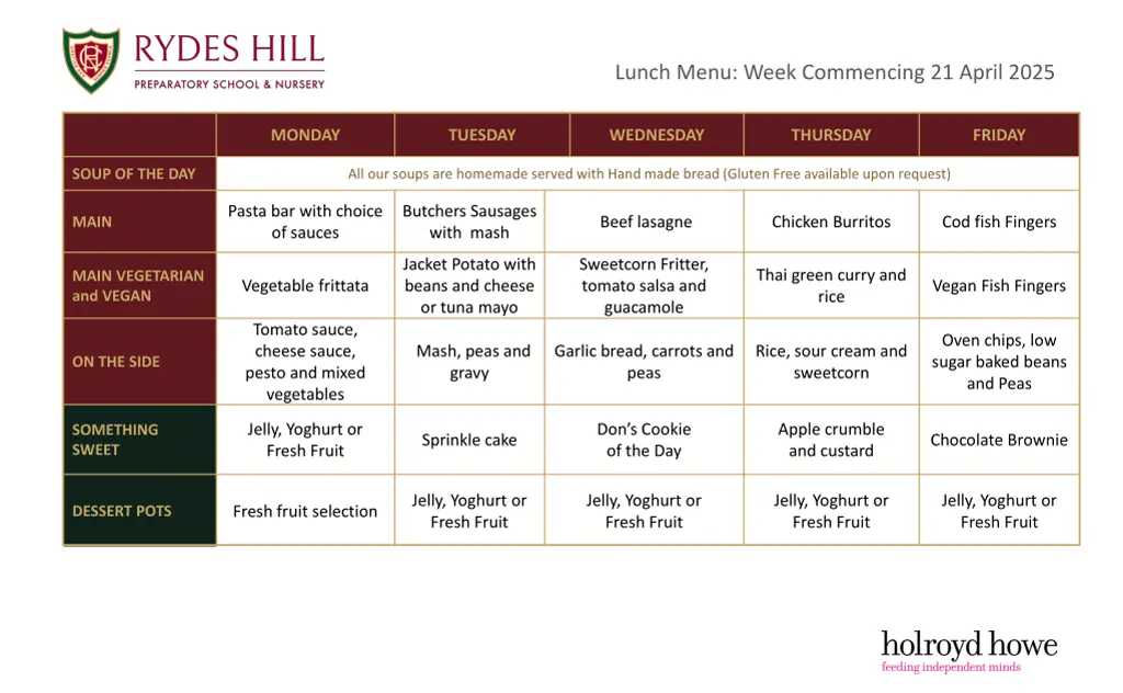 lunch menu week commencing 21 april 2025 n.w