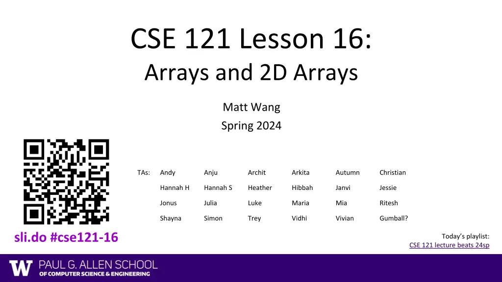 cse 121 lesson 16 arrays and 2d arrays n.w