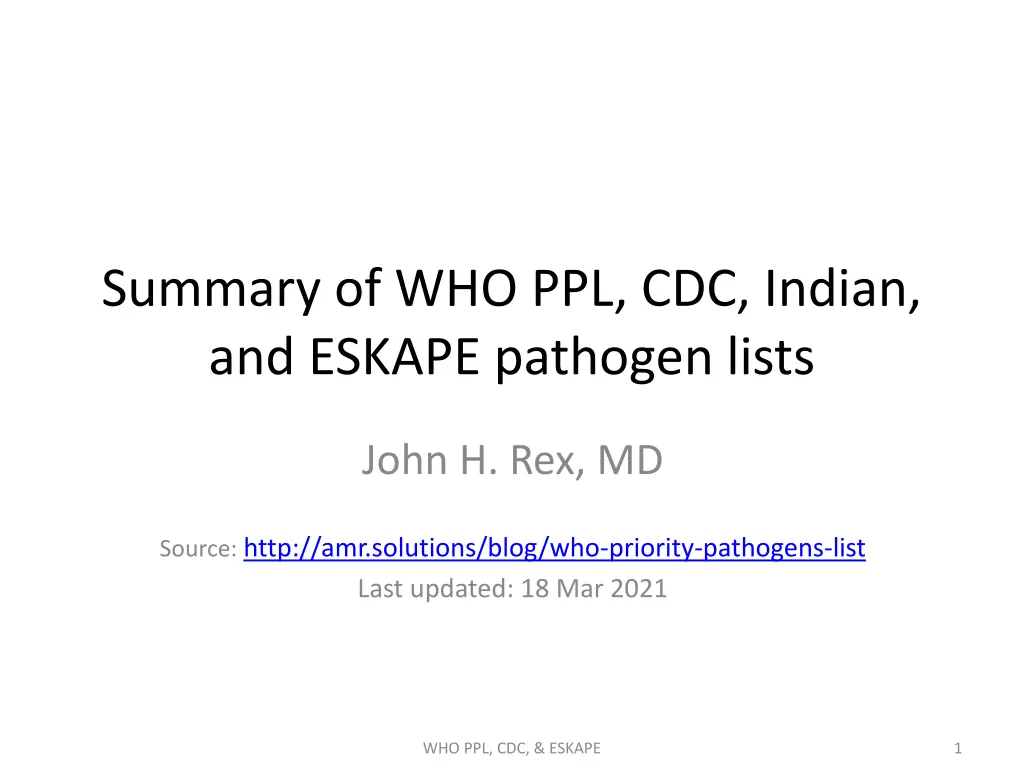 summary of who ppl cdc indian and eskape pathogen n.w