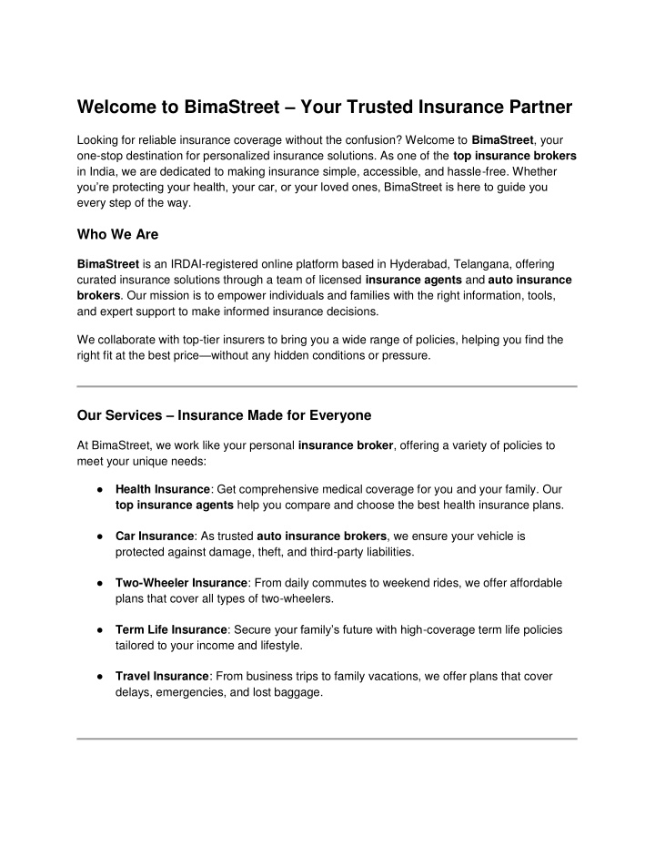 welcome to bimastreet your trusted insurance n.w