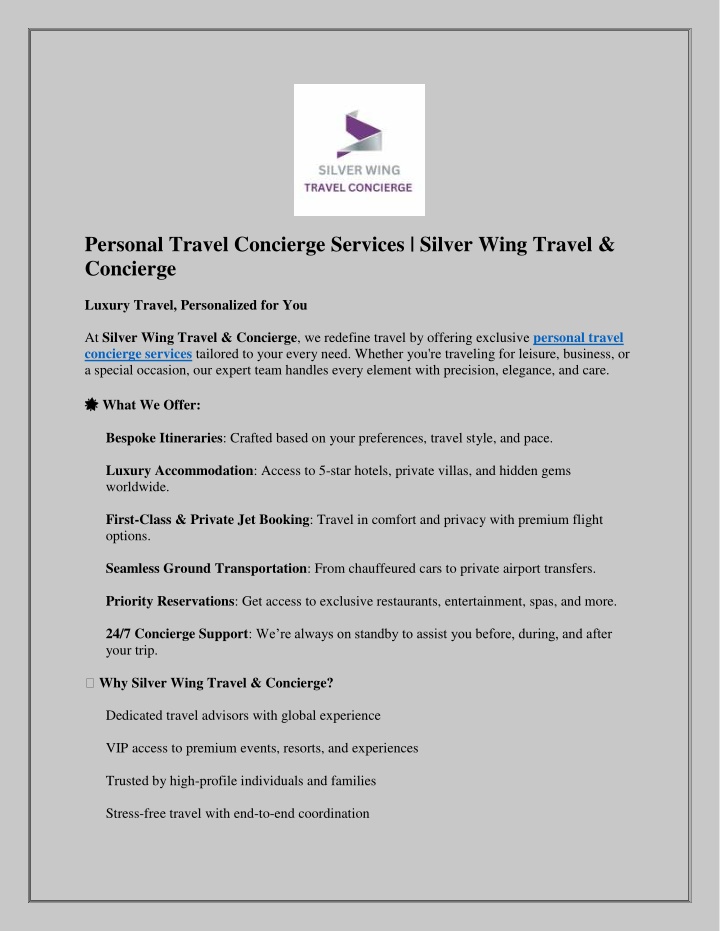 personal travel concierge services silver wing n.w