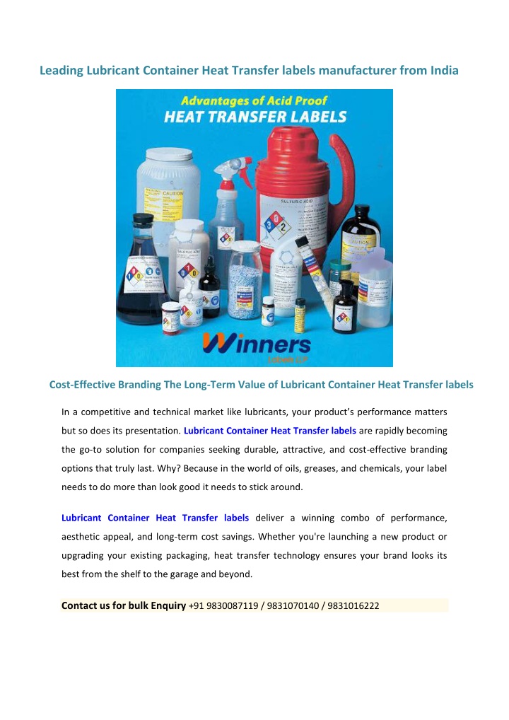 leading lubricant container heat transfer labels n.w
